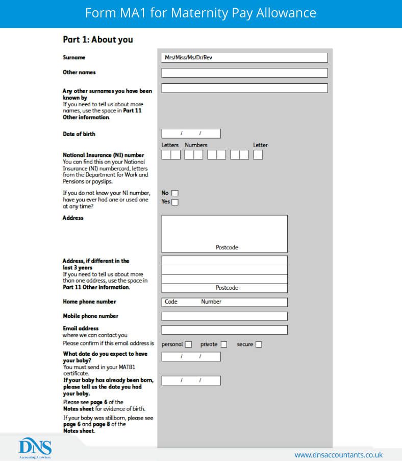 Form MA1 for Maternity Pay Allowance